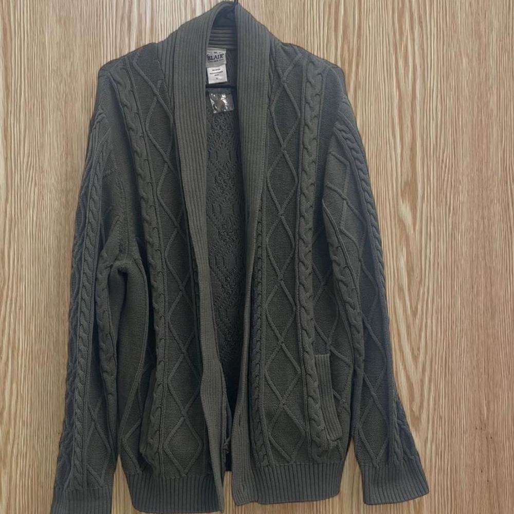 John Blair 1910 Cable Knit shawl collar cardigan sweater Gray Size XL